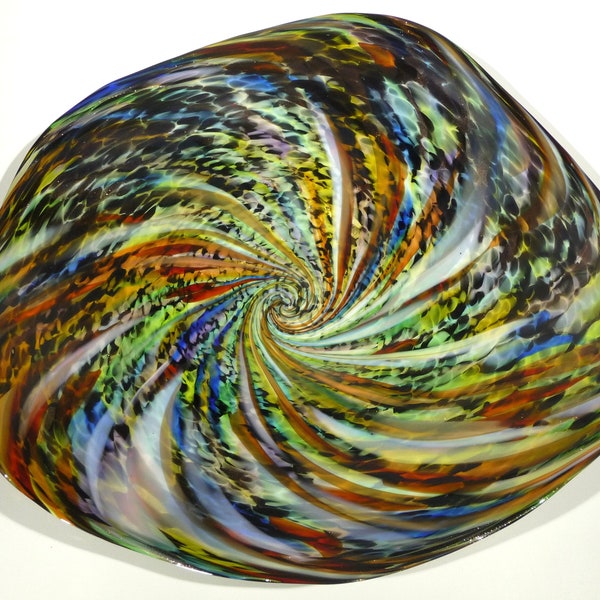 22" Hand Blown Glass Art Wall or Table Platter, Centerpiece, End of Day, Dirwood, Black Gold Red Blue Green Aqua Purple Gold Sparkles, n3661