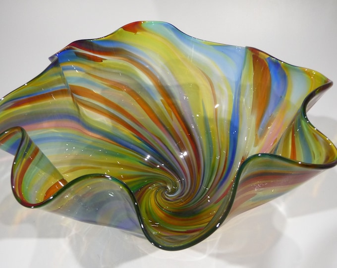 Hand Blown Glass Fluted Bowl Table Centerpiece Original Design by