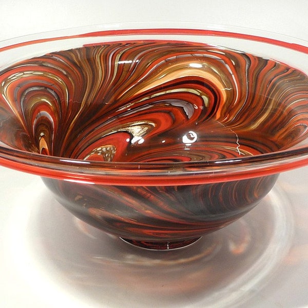 14" Hand Blown Glass Bowl, Glass Art Decor Table Centerpiece, Dirwood Glass - Black, Red, Topaz with Gold Sparkles, n2886
