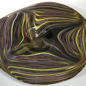 23&quot; Hand Blown Glass Art Wall or Table Platter, Dirwood Glass, Purple & Green on Black, with Lots of Gold Sparkles, n852