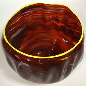 10&quot; Hand Blown Glass Bowl / Vase - Original Design by Dirwood Glass - Shades of Gold Topaz and Deep Red - With Yellow Lip Wrap, n737