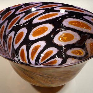 14&quot; Sparkling Hand Blown Glass Bowl - Original Design by Dirwood Glass - Gold, Black, White, and Red, Complex Italian Murrini Process, n597