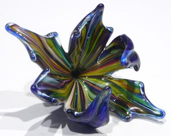 Hand Blown Glass Art Flower Paperweight, Dirwood Glass, Rainbow Colors, n3952
