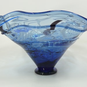 Hand Blown Glass Art Bowl, Made with Glass Canes, Glass Decor Table Centerpiece, Dirwood Glass, Blue with Black & White Highlights, n3632
