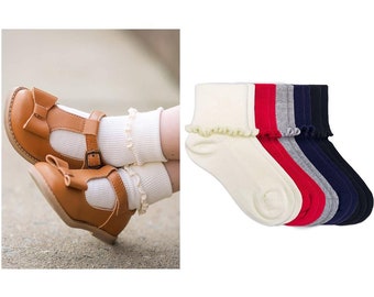 Mädchen Ripple Edge Turn Cuff Crew Socken: Nahtlose Baumwollmischung, Schuluniform Mode, 1 Paar Packung