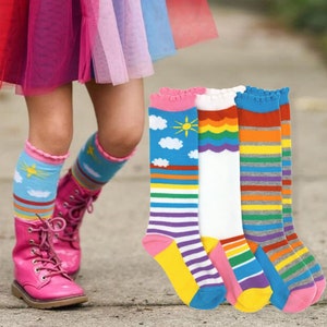 Girls Rainbow Knee High Socks - 3 Pair Pack - Scallop Ruffle Trim