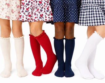 Mädchen Kniestrümpfe mit Wellenkante, nahtlos, Zehensteg: Baumwollmischung, Uniformkleid, 1 Paar