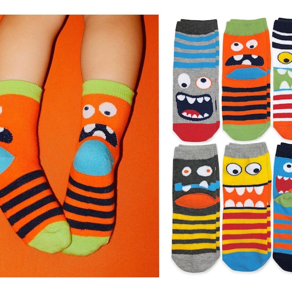 Boys Monster Socks Fun Colorful Stripes Fashion Novelty Pattern Cotton Knit Casual Dress School Holiday Birthday Gift Dress Up Crew Sock