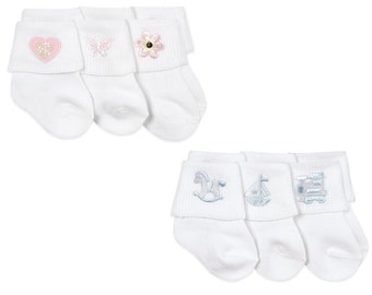 Baby Embroidered Applique Socks Girls Boys White Pink Blue Cotton Shower Gift Dress Turn Cuff Ankle Crib Shoes Toddler Infant Newborn 3PK