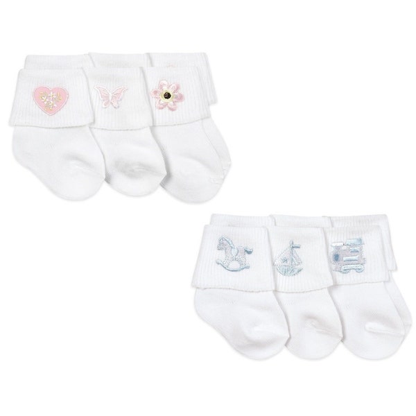 Baby Embroidered Applique Socks Girls Boys White Pink Blue Cotton Shower Gift Dress Turn Cuff Ankle Crib Shoes Toddler Infant Newborn 3PK