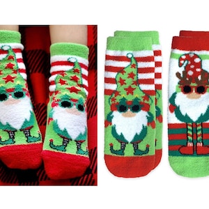 Holiday Gnome Elf Slipper Socks Fuzzy Non Skid No Slip Gripper Comfy Stripe Red Green White Boys Girls Soft Pajamas Gift 2PK