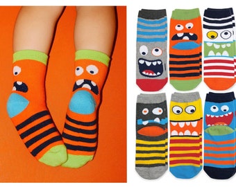 Boys Monster Socks Fun Colorful Stripes Fashion Novelty Pattern Cotton Knit Casual Dress School Holiday Birthday Gift Dress Up Crew Sock