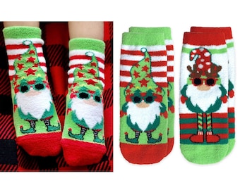 Slipper Socks Fuzzy Non Skid No Slip Gripper Comfy Holiday Gnome Elf Stripe Red Green White Candy Cane Boys Girls Soft Pajamas Gift 2PK