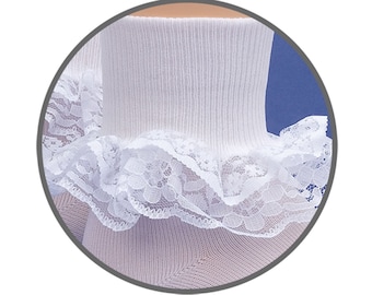 Girls White Lace Ruffle Socks: Christening Baptism Holiday Photos Cotton Ankle 1 Pair Pack Turn Cuff Socks