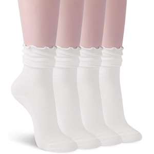 Womens Socks 2 Pair Ruffle Crew Dress Ankle Cotton Seamless Ripple Lace Knit Ribbed Fashion Vintage Novelty Turn Cuff Slouch Scrunch Ankle