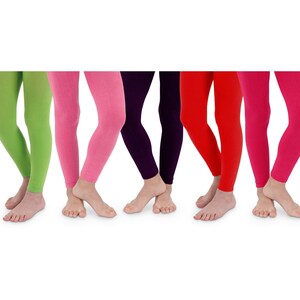 May include: Six pairs of colorful tights in green, pink, purple, red, and fuchsia. The tights are shown on a white background.