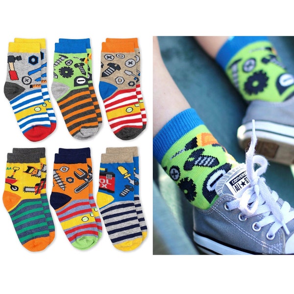 Boys Socks Dinosaurs Construction Trucks Tool Stripes Colorful Novelty Fashion Pattern Cotton Knit Casual Dress Holiday School Birthday Gift