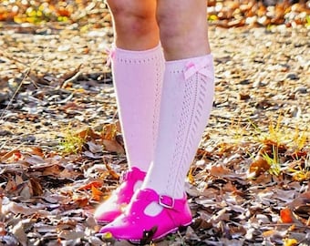 Girls Knee High Socks Pointelle Crochet Knit Design Satin Bow Accent: Vintage Style Cotton Blend 1 Pair Pink White Ivory