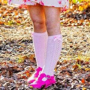 May include: A young girl wearing a white collared shirt with a pink floral skirt and pink knee-high socks with a bow. She is holding a pink flower with yellow accents and is standing in a wooded area with fallen leaves on the ground.