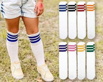 Tube Socks Triple Stripe Girls Boys Kid Toddler Fashion Vintage Novelty Sport Everyday Color Seamless Tall Cotton Knee High School Soccer