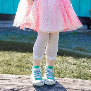 Collant Capri corti in pizzo a pois con volant e finiture in rete, alla moda, per spettacoli di danza, vintage, da indossare a strati, in nylon, per ragazze, leggings, confezione da 1
