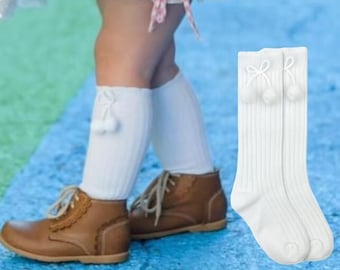 Girls Pom Pom Knee High Socks: Ribbed Cotton Blend Pom Pom Trim Uniform Dressy, 1 Pair Pack