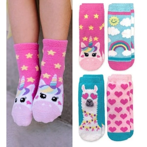 Slipper Socks Fuzzy Non Skid Gripper Fashion Pattern Unicorn Rainbow Llama Heart Stripe Girls Toddlers Pajamas Lounge Birthday Gift 2 Pack