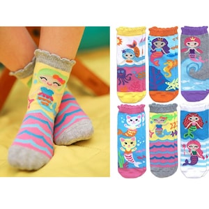 Girls Socks Mermaids Sea Animals Rainbows Kitty Cats Ocean Scallop Lace Trim Cotton Colorful Fashion Pattern Toddler Holiday Birthday Gift