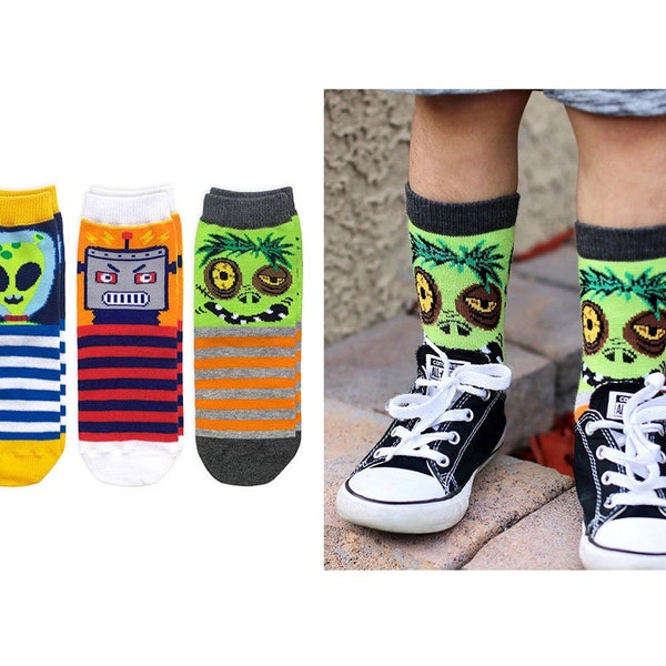 Boys Socks Robots Aliens Zombies Stripes Bright Fun Colorful Novelty Fashion Pattern Cotton Knit Ankle Holiday Birthday Gift School Socks 3P