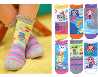 Girls Socks Mermaids Sea Animals Rainbows Kitty Cats Ocean Scallop Lace Trim Cotton Colorful Fashion Pattern Toddler Holiday Birthday Gift