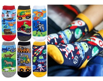 Boys Novelty Socks: Colorful Pirate, Dinosaur, Dragons, Farm, Construction & Space Designs - 6 Pair Pack