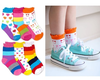 Sokken met regenboogstreep en smiley voor meisjes: set van 6 katoenen sokken met ronde hals en geschulpte rand