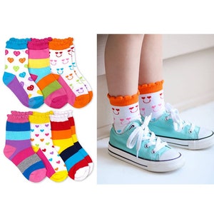 Girls Socks Crew Rainbow Stripes Hearts Smiley Face Scallop Lace Trim Colorful Cute Cotton Fashion Bright Novelty Pattern Toddlers Ankle 6PK