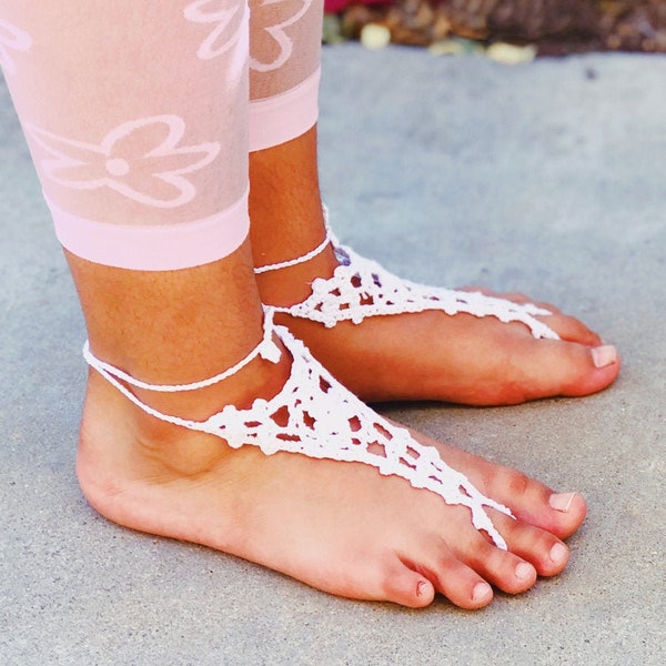 Crochet Barefoot Beach Wedding Sandals Girls Womens Toddlers Lace Cotton Vintage Floral Flower Design Pattern Footless Summer Accessory