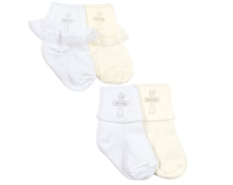 Baby Cross Socks Baby Girls Infant Boys Newborn Embroidered Holy Communion First Christening Baptism Church Dress Cotton Turn Cuff Ankle