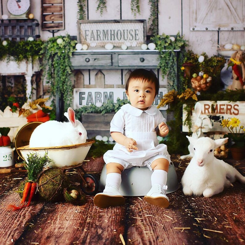 Puede incluir: Un ni&ntilde;o peque&ntilde;o con un atuendo blanco con cuello sentado en un cuenco gris con un conejo blanco en una carretilla y un cordero blanco a su lado. El fondo presenta un ambiente de granja con letreros que dicen "FARMHOUSE" y "FARMERS".