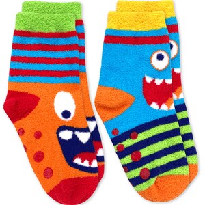 Boys Slipper Socks Fuzzy Knit Non Skid Gripper Monster Dinosaur Shark Stripe Colorful Novelty Pajama Cozy Toddler Holiday Gift 2PK image 6
