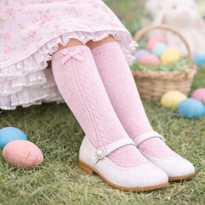 Pretty Pointelle Knit Design Knee High Socks with Satin Bow Accent: Vintage Style Cotton Blend 1 PK