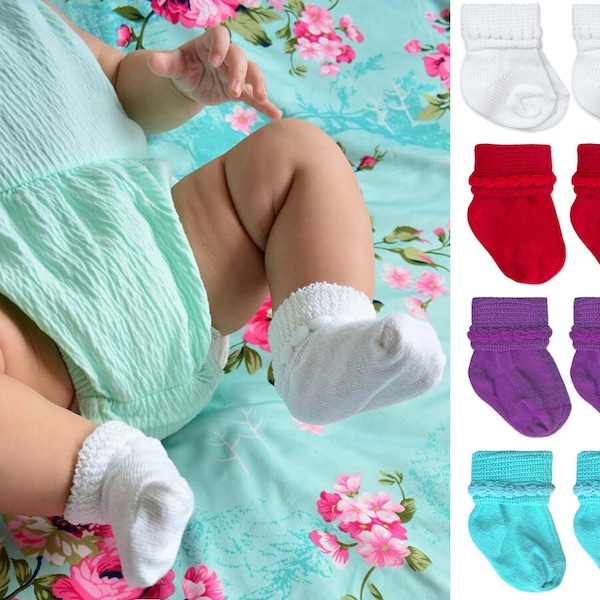 Baby Bootie Socks Girls Boys Bubble Stitch Soft Cotton Infant Newborn White Red Purple Turquoise Dress Fold Turn Cuff Ankle Crib Shoes 2PK
