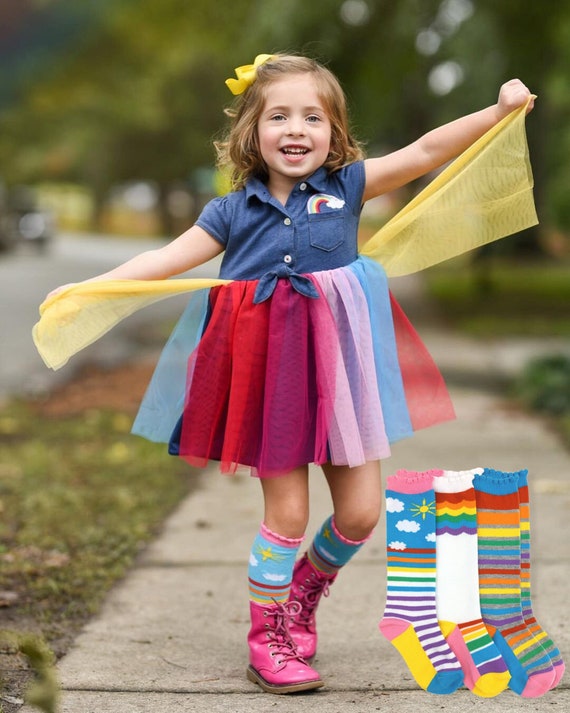 tambor Psiquiatría Presentador Calcetines de arcoíris para niñas 3 pares hasta la rodilla - Etsy México