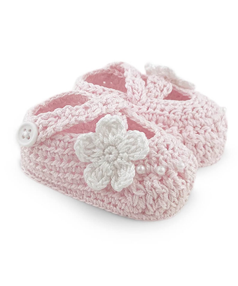 Newborn Crib Shoes Hand Crocheted Flower Mary Jane Pearl Floral Pink White Ivory Knit Booties Girls Socks Baby Shower Gift with Gift Box image 1