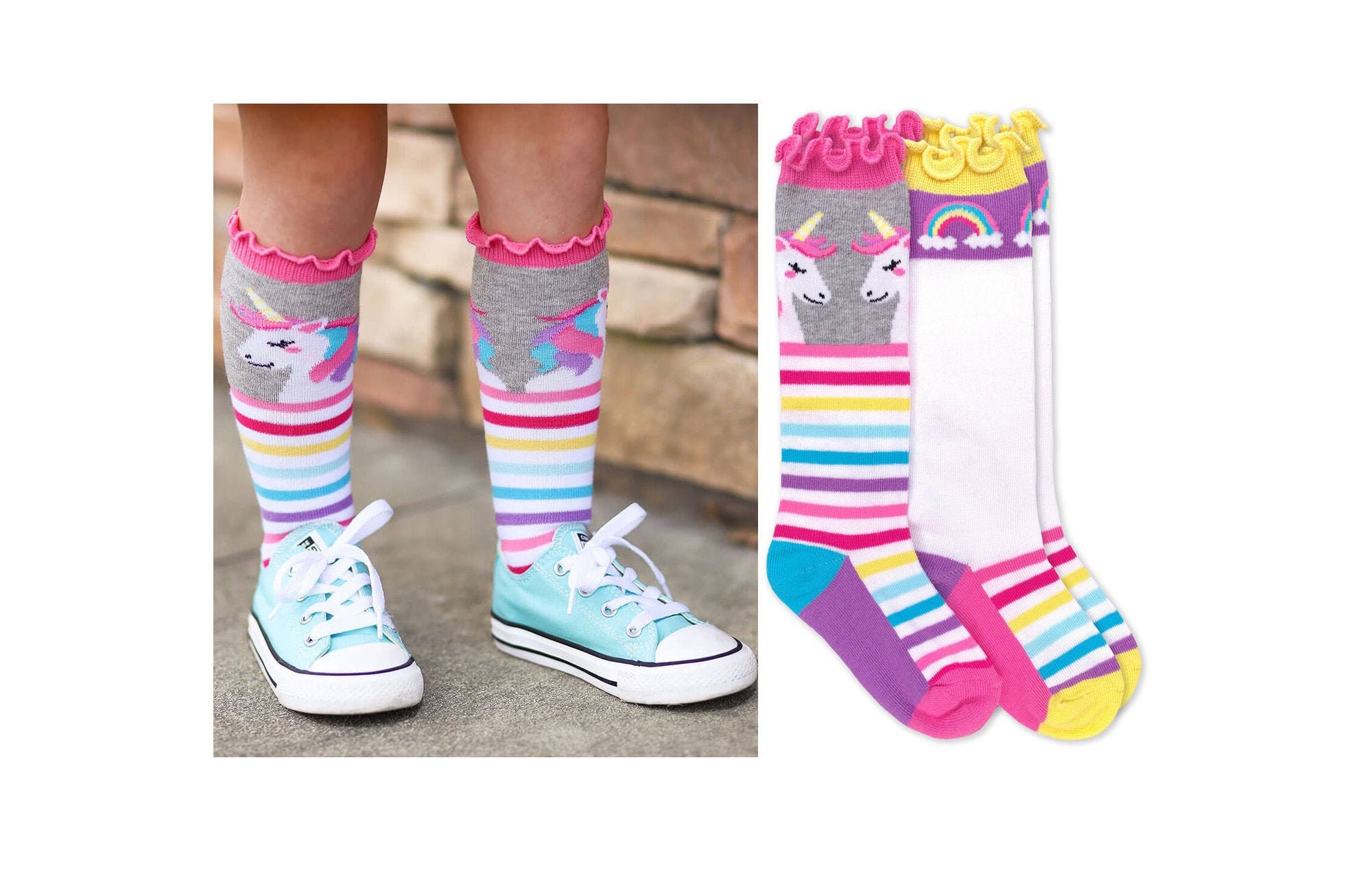 Girls Knee High Socks 2 Pair Pack: Rainbow Unicorn Stripes Ruffle Edge Top