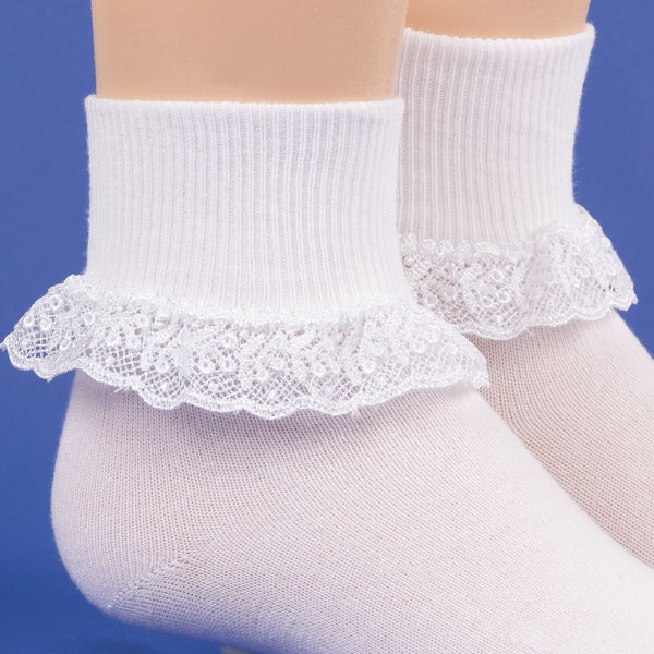 White Lace Girls Socks Dress Fancy Princess Fancy Baby Toddler Ruffle Trim Cuffed Communion Church Baptism Holiday Christmas Outfit Costume