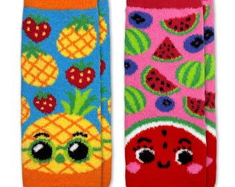 Girl's Fuzzy Fun Comfy Slipper Socks: Fruity Patterns, Non-Skid Gripper Bottoms 2 Pair Pack