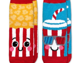 Kids Fun Comfy Non-Skid Slipper Socks: Movie Night Popcorn and Soda Cup Patterns 2 Pair Pack