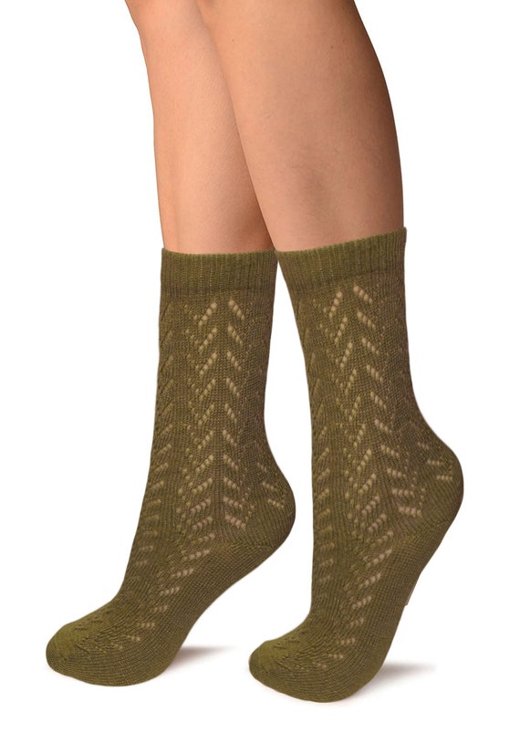 Womens Cashmere Socks Soft Knit Pointelle Crochet Pattern Lace Fashion  Vintage Camel Brown Green Natural Warm Nylon Acrylic Crew Ankle Socks 