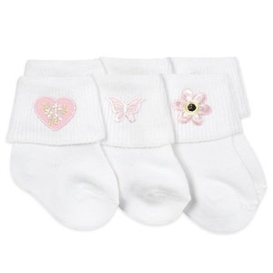 May include: Three pairs of white baby socks with embroidered designs. One pair features a pink heart with floral accents, another has a pink butterfly, and the third has a pink flower.
