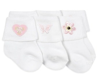 Applique Baby Girl Socks: Heart Butterfly Daisy Cotton Turn Classic Cuff Ankle Socks, 3PK