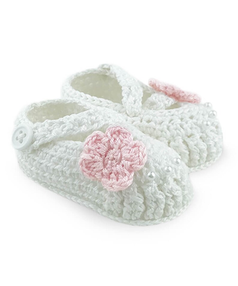 Newborn Crib Shoes Hand Crocheted Flower Mary Jane Pearl Floral Pink White Ivory Knit Booties Girls Socks Baby Shower Gift with Gift Box image 3