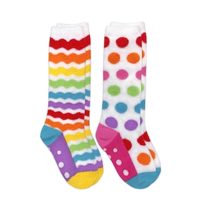 Girls Slipper Socks Rainbow Knee High Fuzzy Warm Non Skid Gripper Fashion Cute School Colorful  Stripes Lounge Birthday Gift Socks 2 Pair